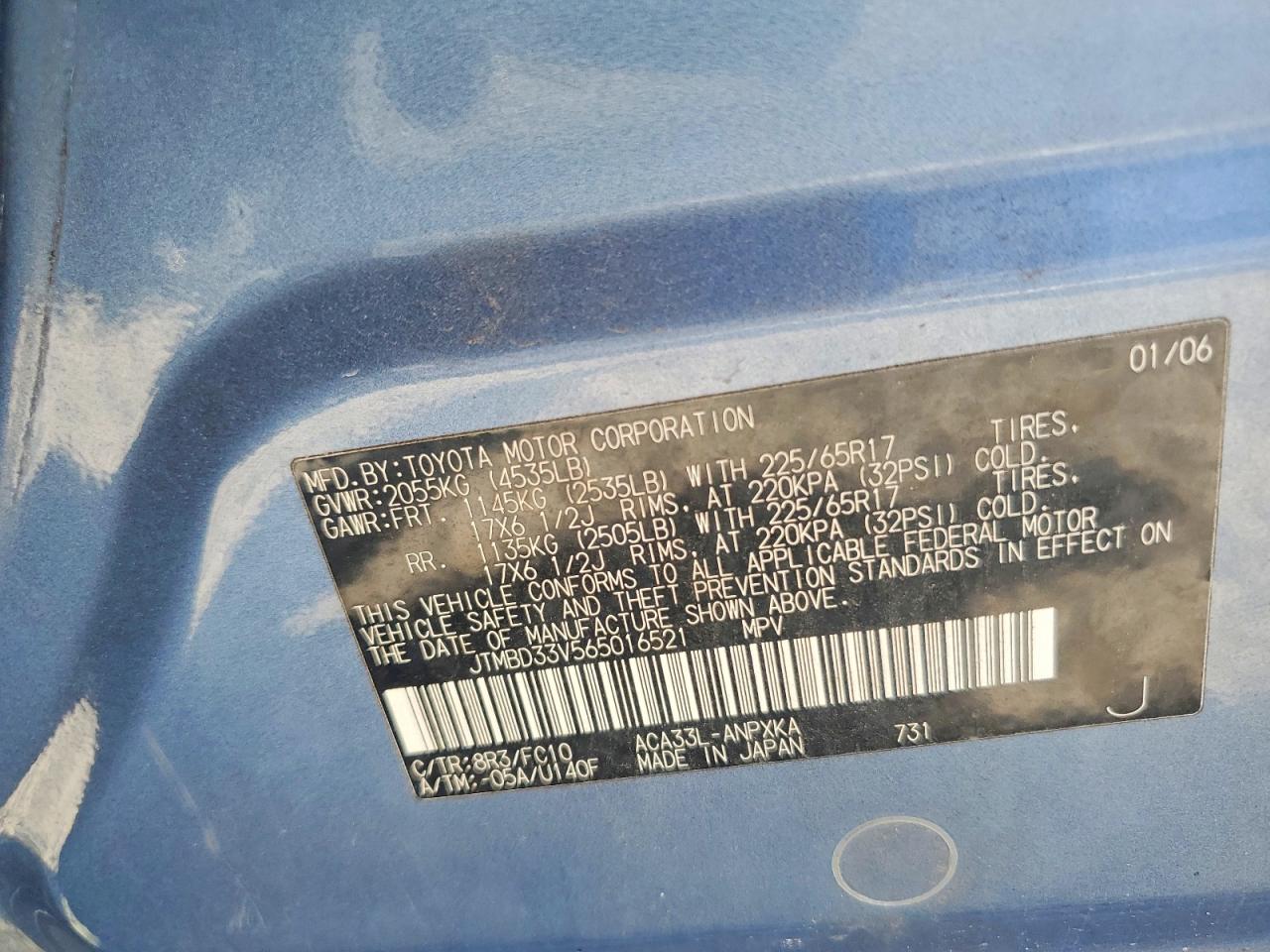 2006 Toyota Rav4 Base Blue vin: JTMBD33V565016521