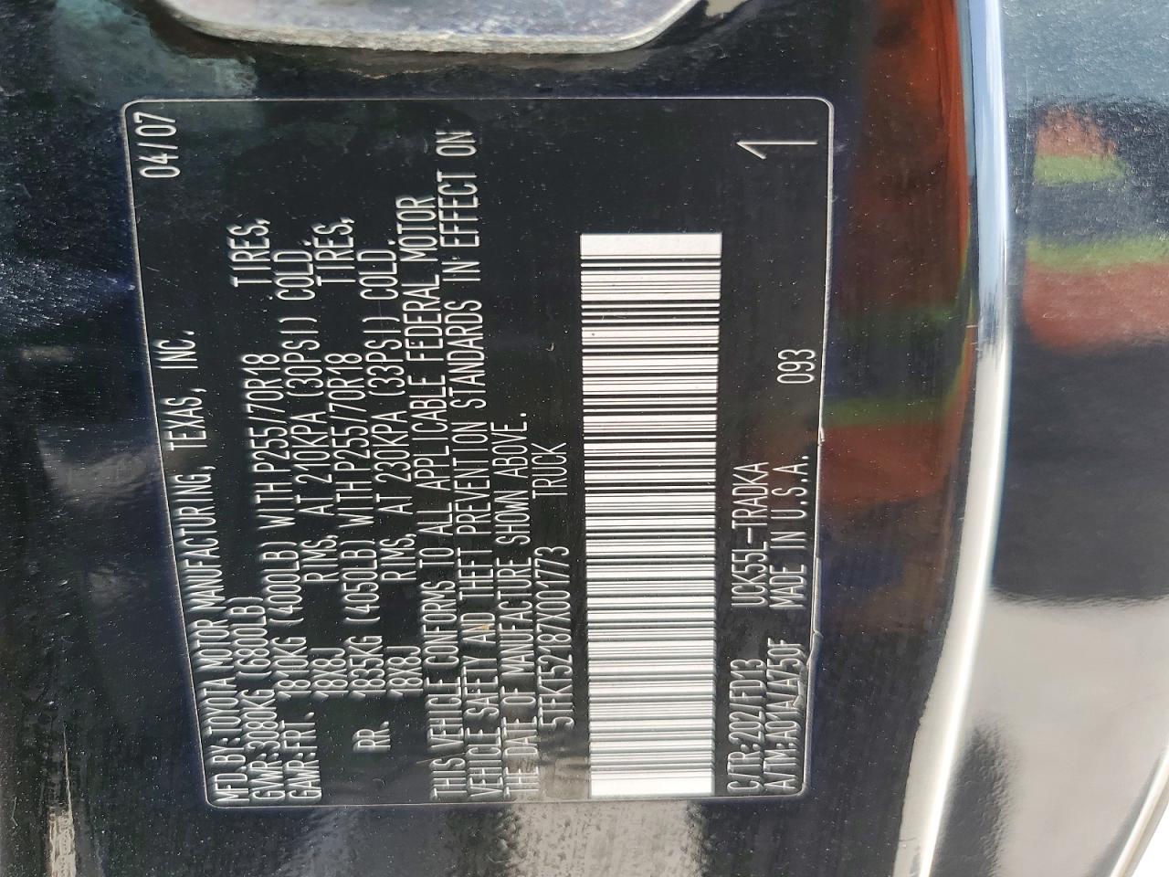 2007 Toyota Tundra Base Black vin: 5TFKT52187X001773