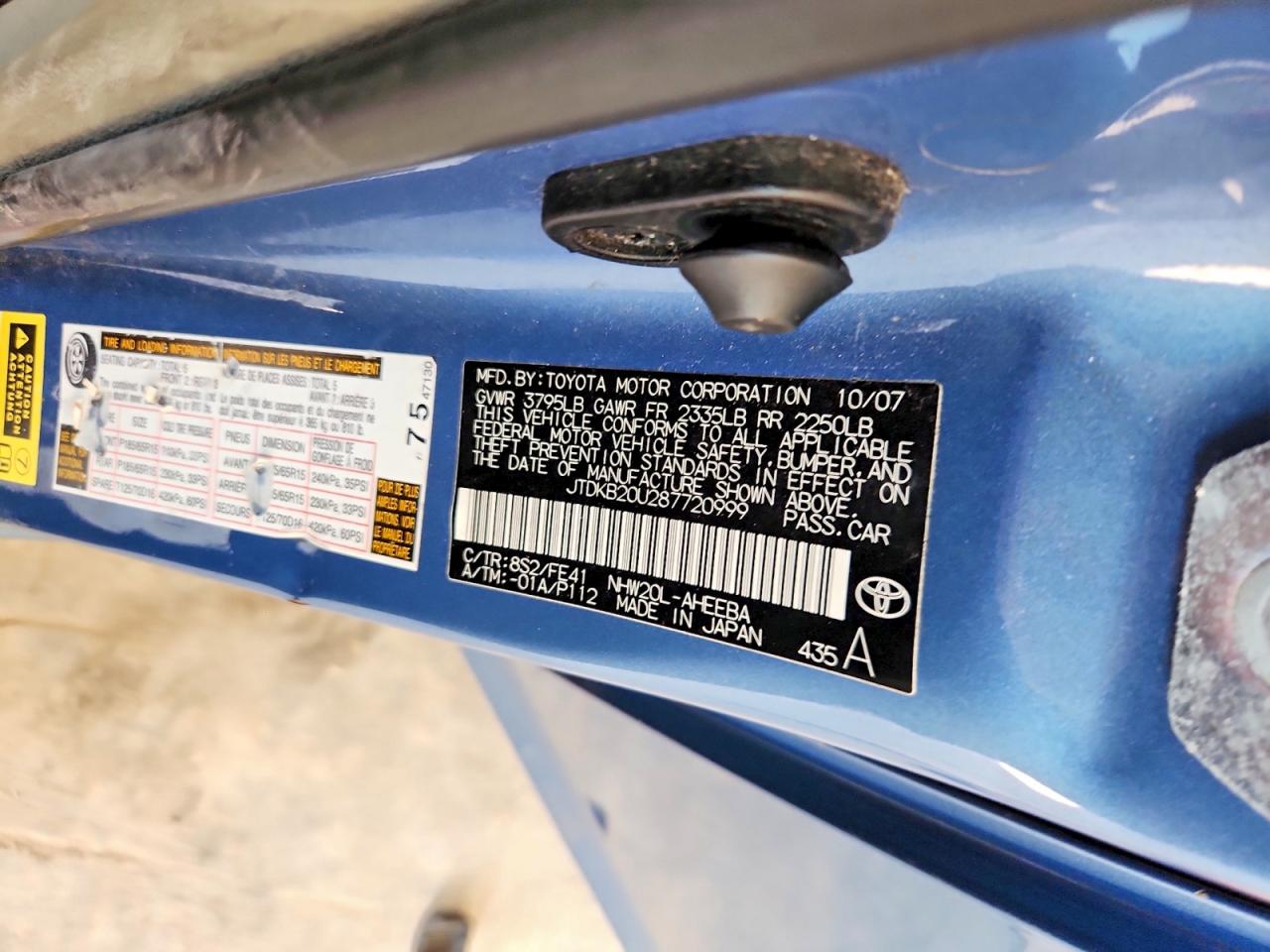 2008 Toyota Prius Base Blue vin: JTDKB20U287720999