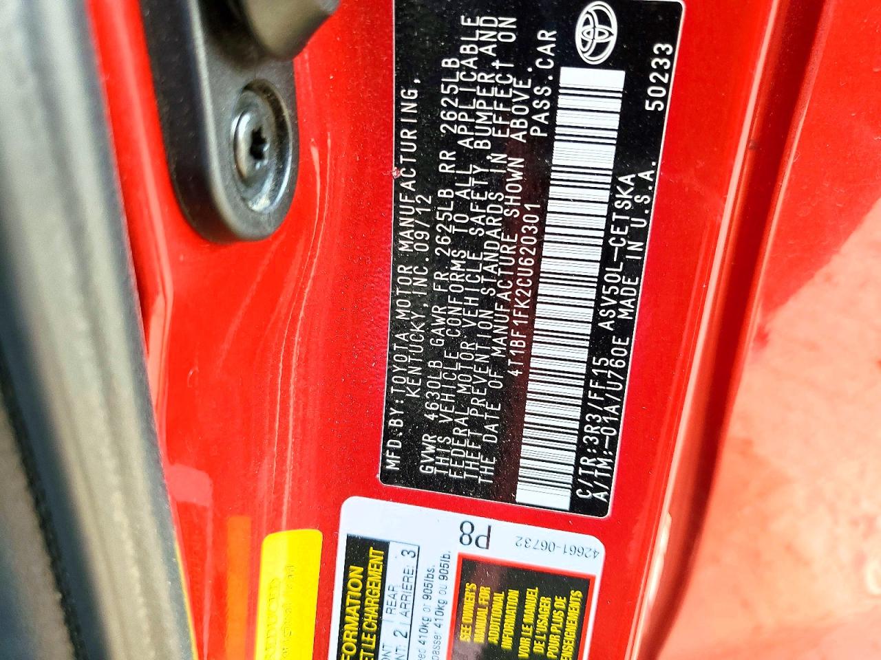 2012 Toyota Camry Se Sport Limited Edition Red vin: 4T1BF1FK2CU620301
