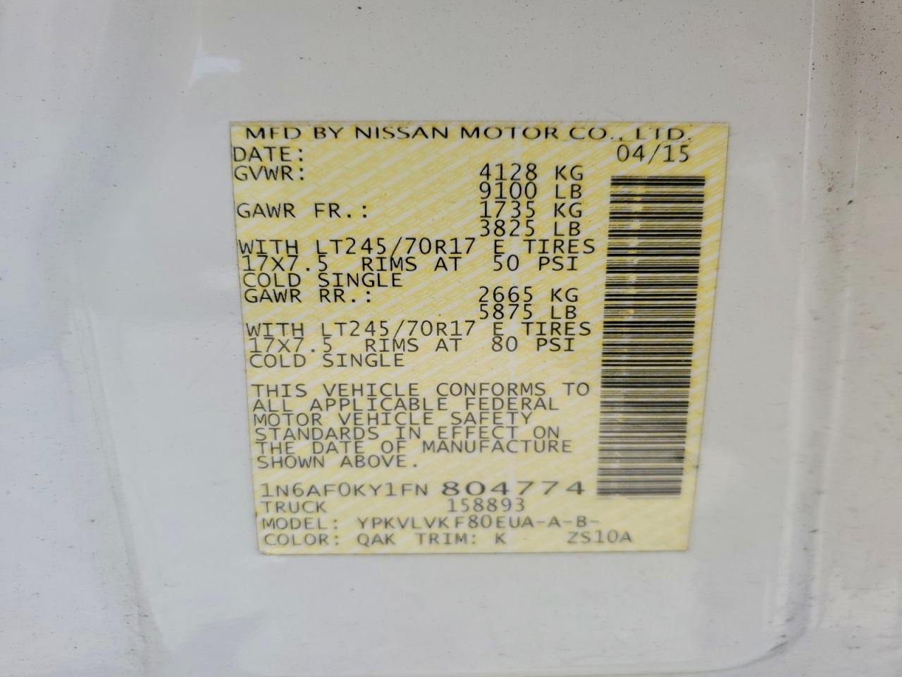 2015 Nissan Nv 2500 Hd Sl White vin: 1N6AF0KY1FN804774