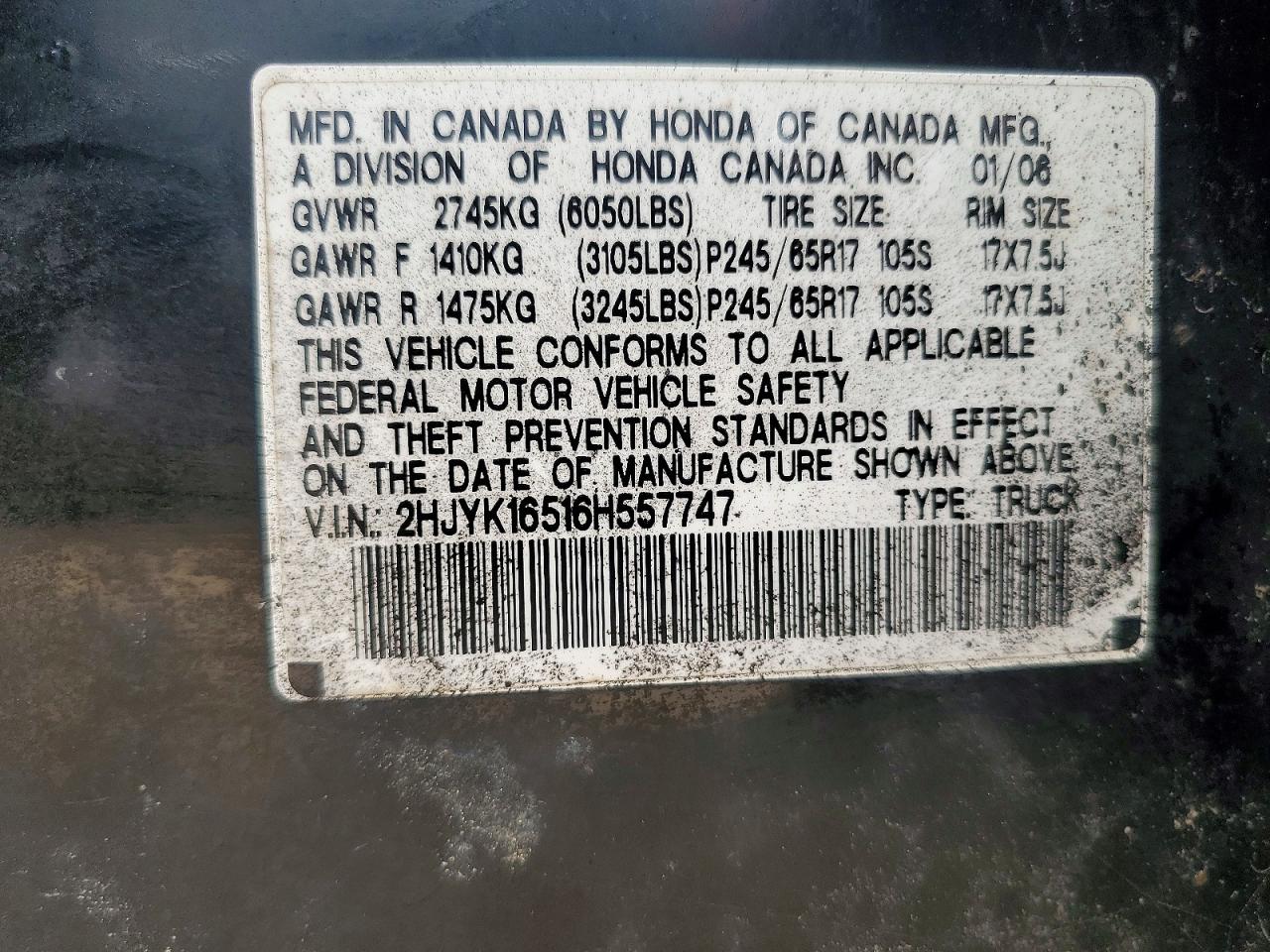 2006 Honda Ridgeline Rtl Черный vin: 2HJYK16516H557747