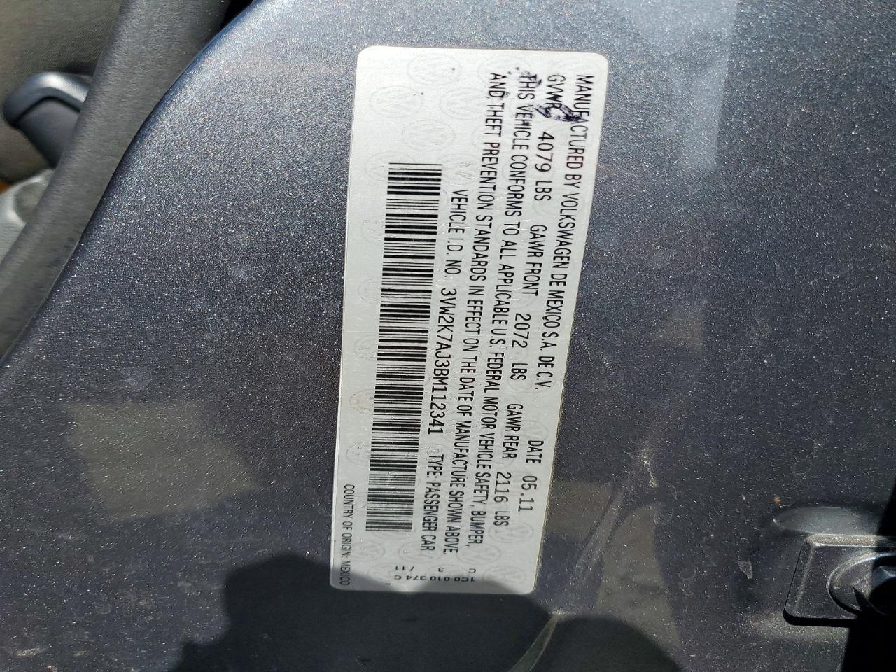 2011 Volkswagen Jetta Base Gray vin: 3VW2K7AJ3BM112341