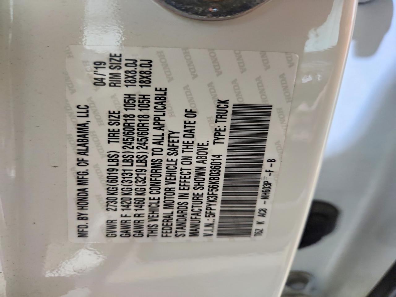 2019 Honda Ridgeline Rtl White vin: 5FPYK3F56KB036014