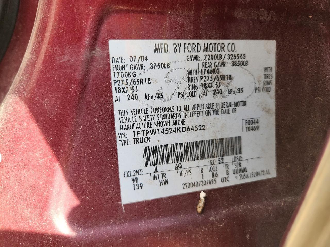 2004 Ford F150 Supercrew Red vin: 1FTPW14524KD64522