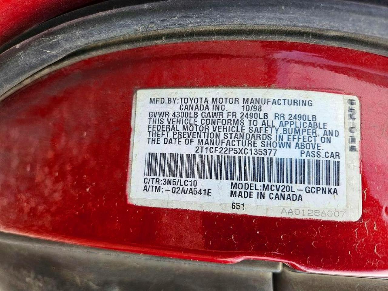 1999 Toyota Camry Solara Sle V6 Burgundy vin: 2T1CF22P5XC135377