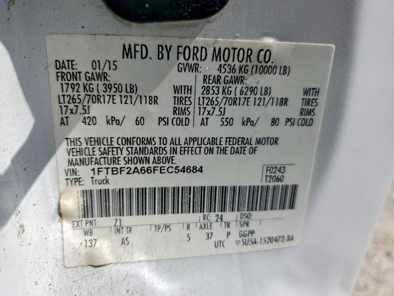 2015 Ford F250 Super Duty White vin: 1FTBF2A66FEC54684