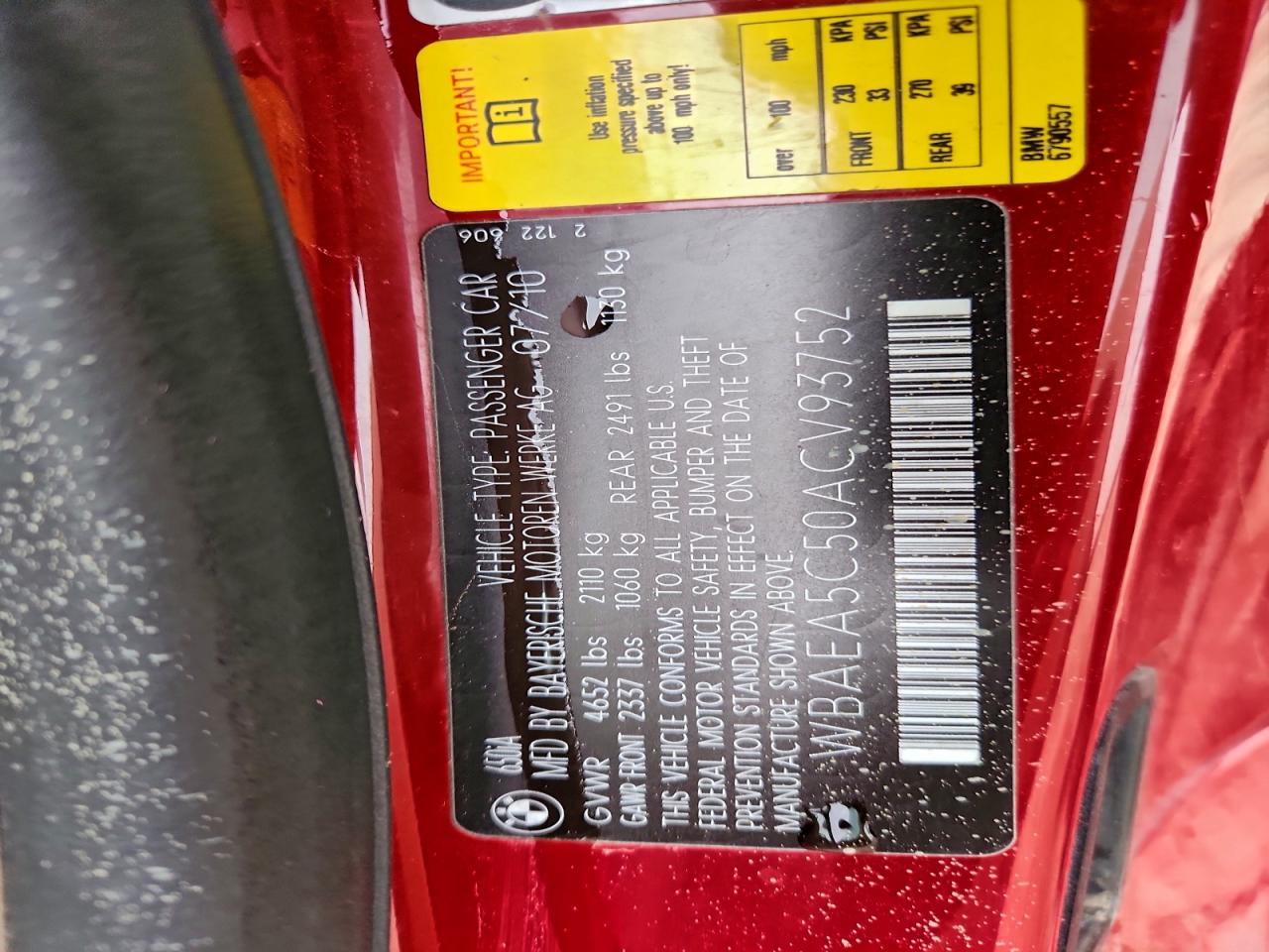 2010 Bmw 650 I Red vin: WBAEA5C50ACV93752