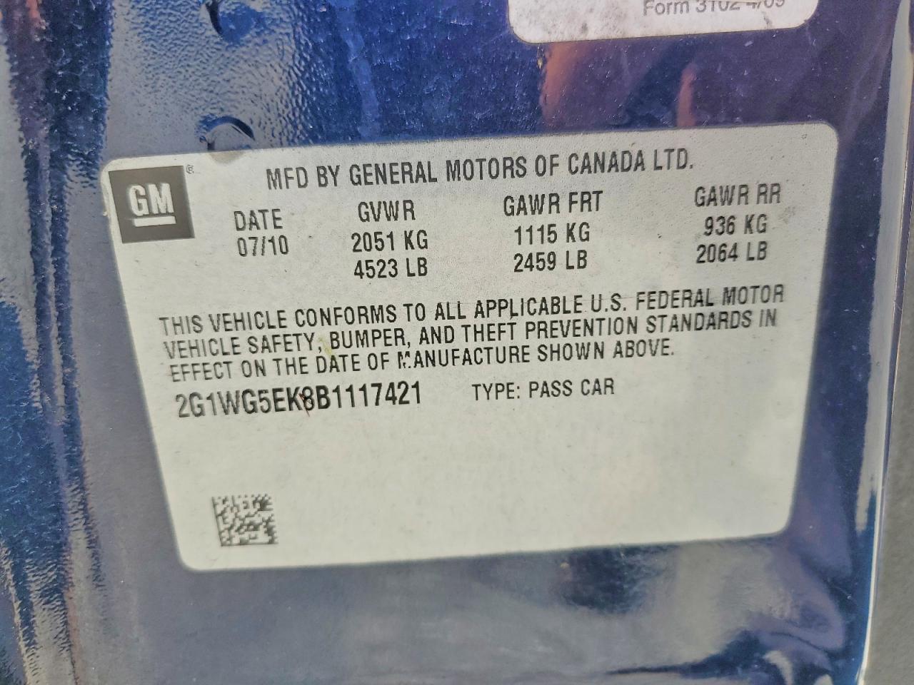 2011 Chevrolet Impala Lt Blue vin: 2G1WG5EK8B1117421