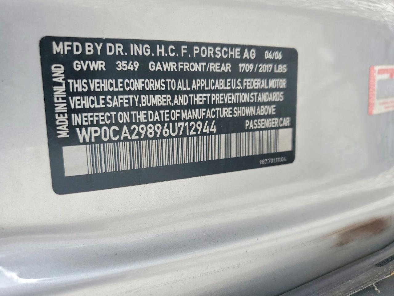 2006 Porsche Boxster Silver vin: WP0CA29896U712944