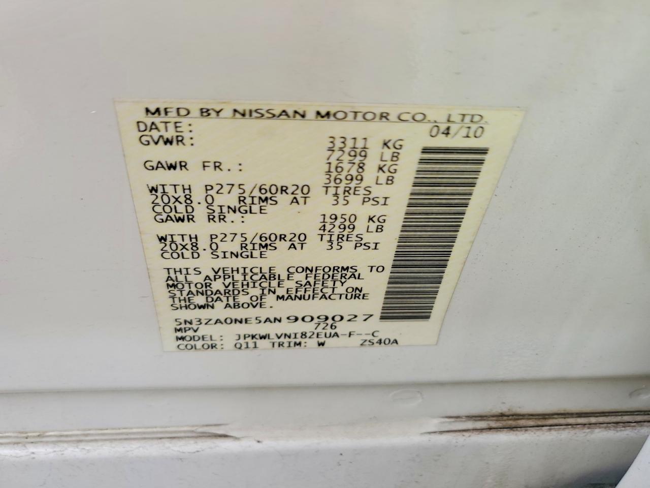 2010 Infiniti Qx56 Base White vin: 5N3ZA0NE5AN909027