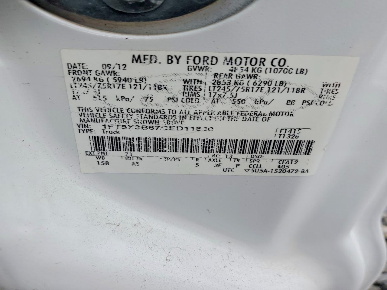 2012 Ford F- 350 White vin: 1FT8X3B67CED11630