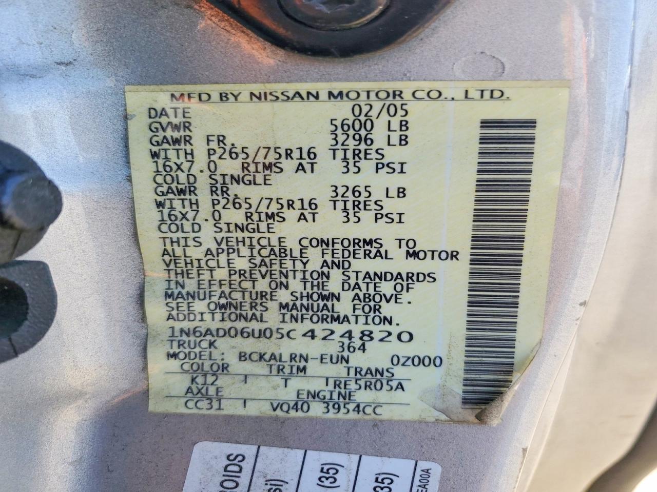 2005 Nissan Frontier Se Silver vin: 1N6AD06U05C424820