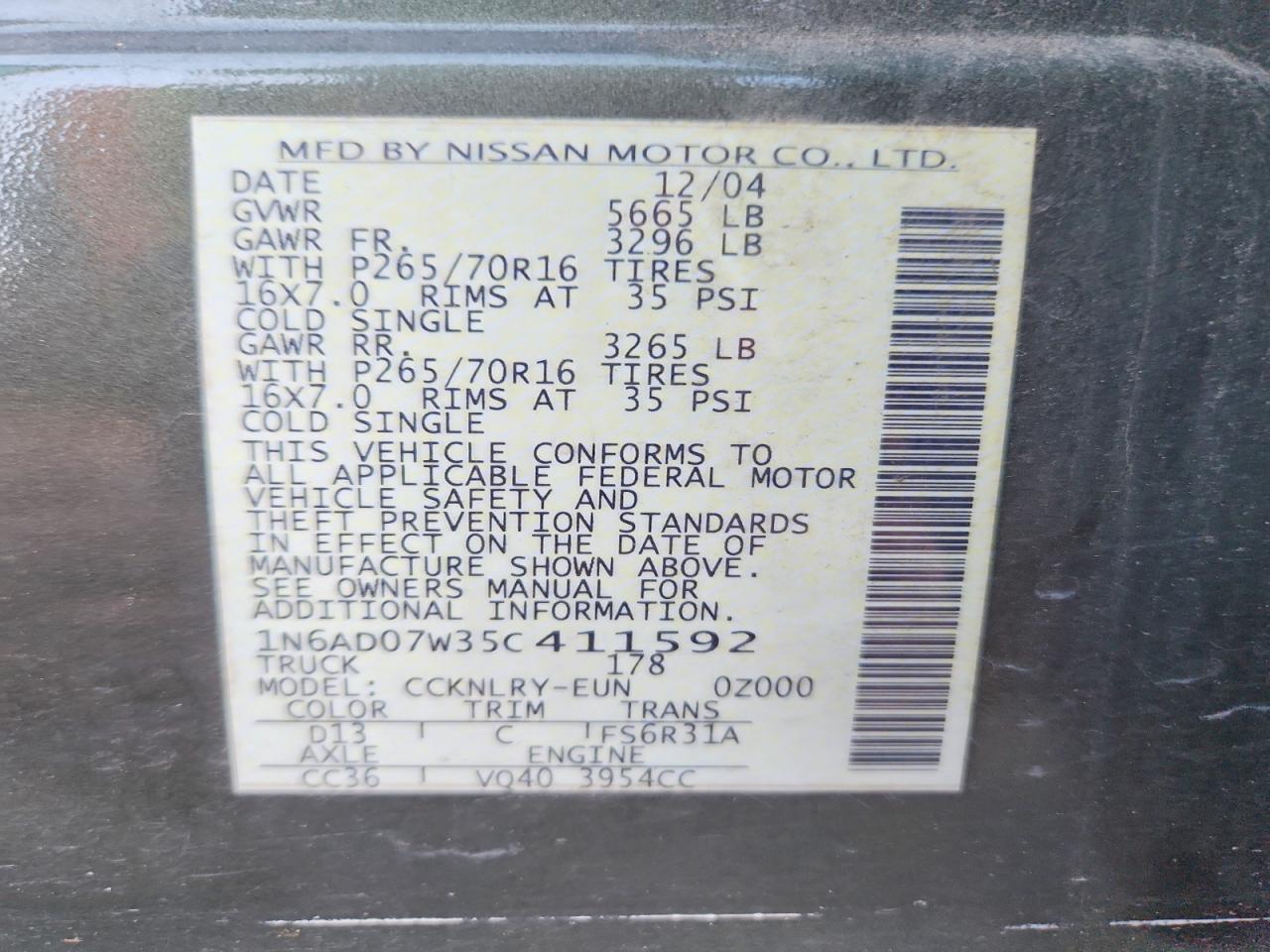 2005 Nissan Frontier Se Green vin: 1N6AD07W35C411592