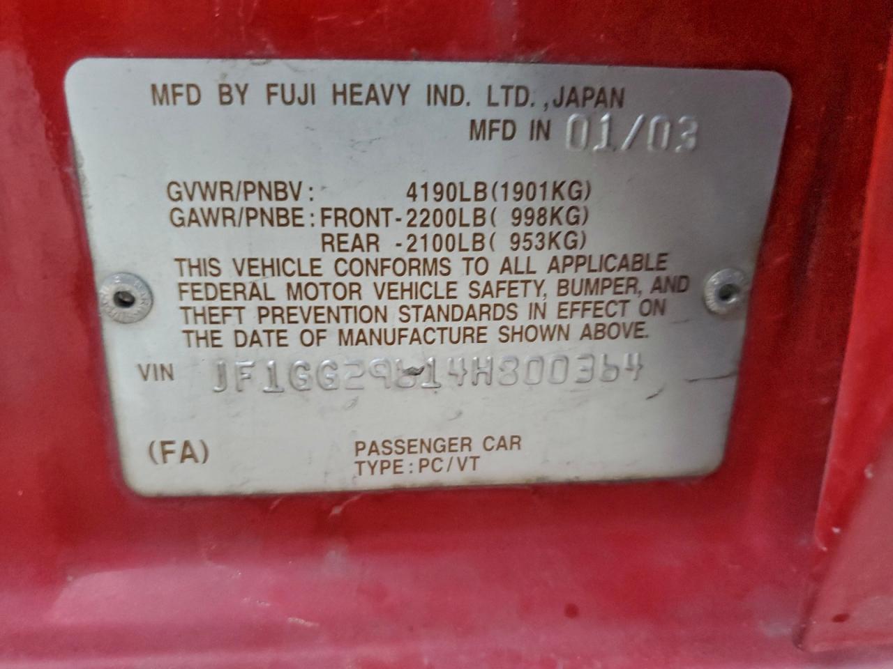 2004 Subaru Impreza Wrx Red vin: JF1GG29614H800364