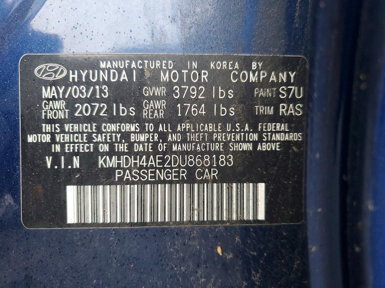 2013 Hyundai Elantra Gls Blue vin: KMHDH4AE2DU868183