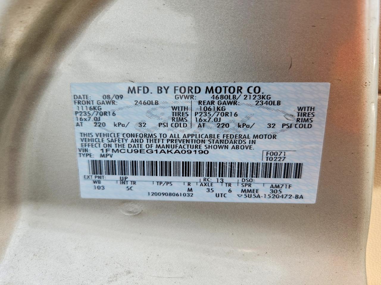 2010 Ford Escape Limited Tan vin: 1FMCU9EG1AKA09190