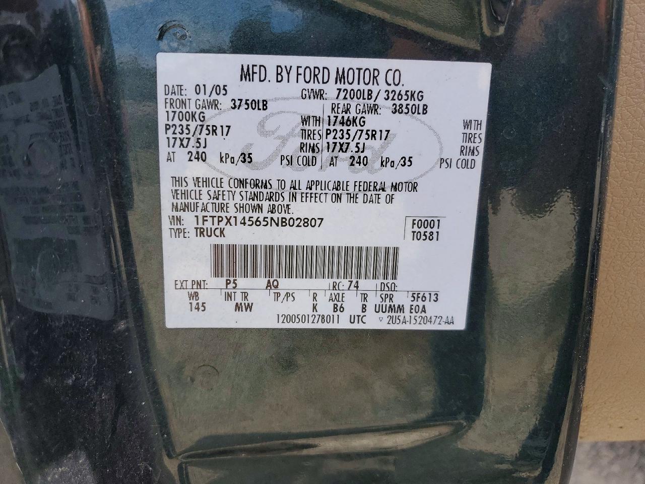 2005 Ford F150 Green vin: 1FTPX14565NB02807