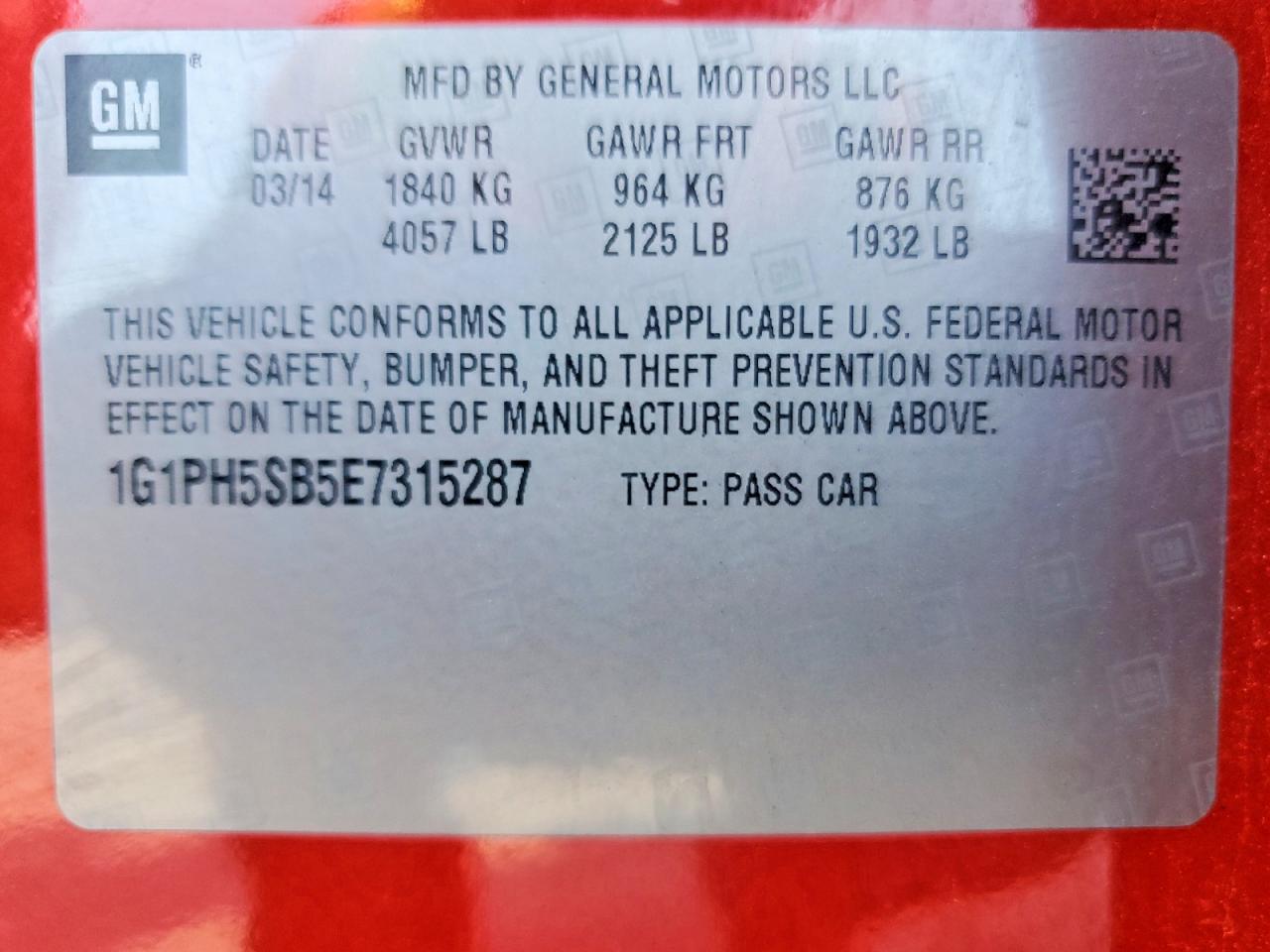 2014 Chevrolet Cruze Eco Red vin: 1G1PH5SB5E7315287