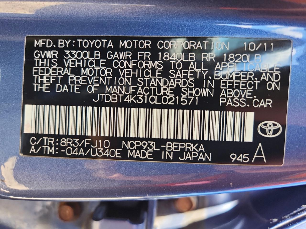 2012 Toyota Yaris Fleet Blue vin: JTDBT4K31CL021571