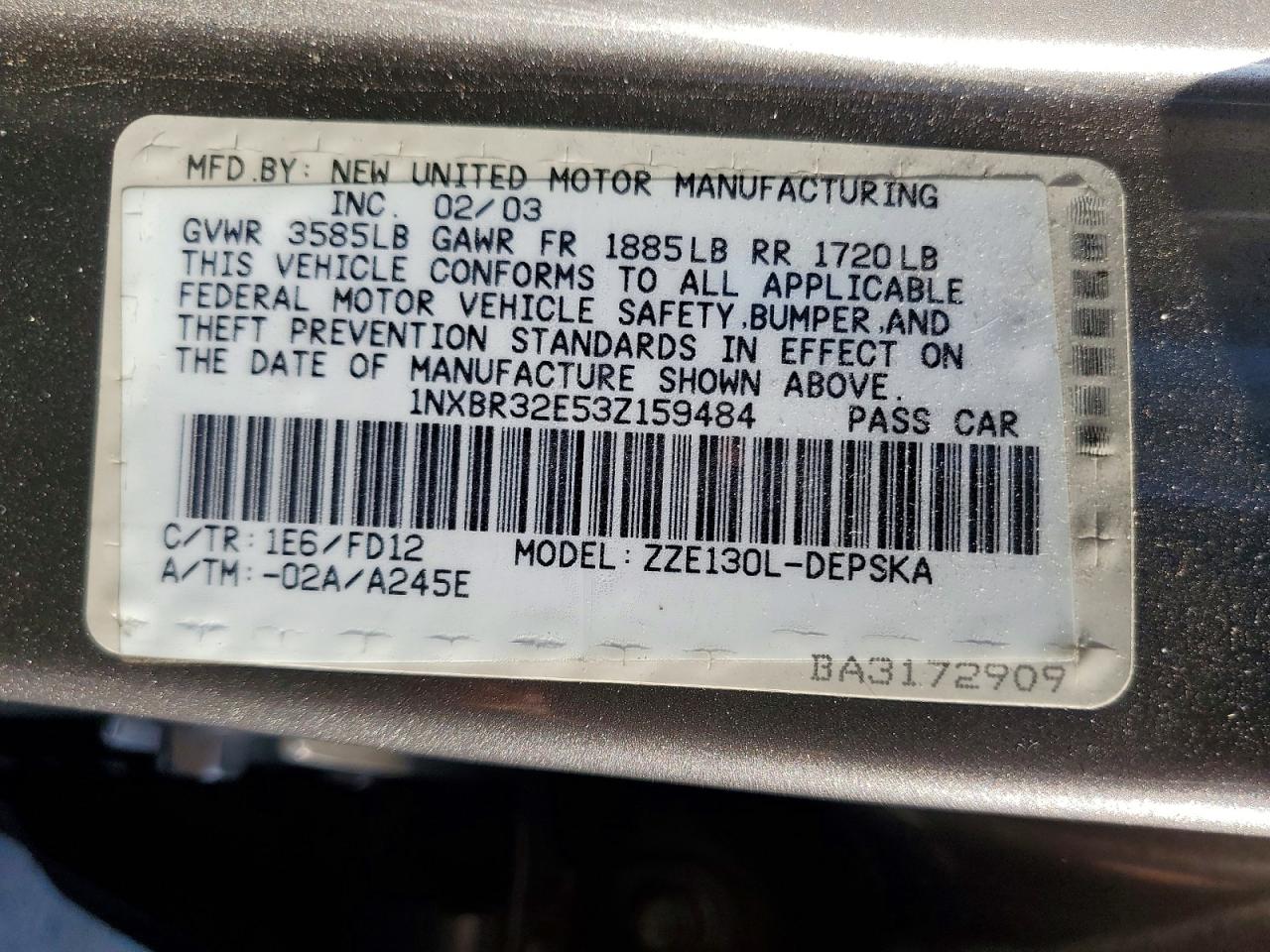 2003 Toyota Corolla S Gray vin: 1NXBR32E53Z159484