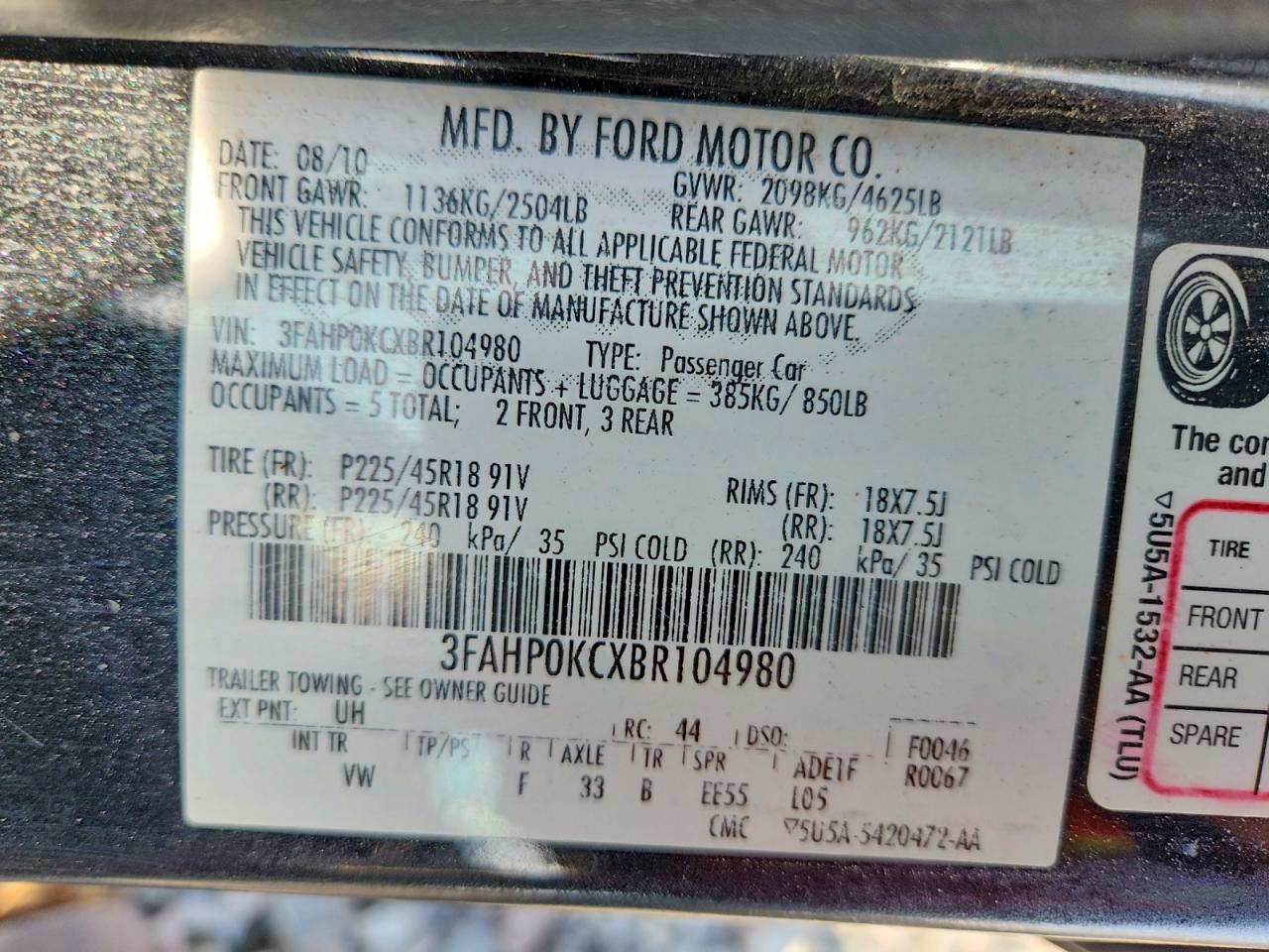 2011 Ford Fusion Sport Black vin: 3FAHP0KCXBR104980