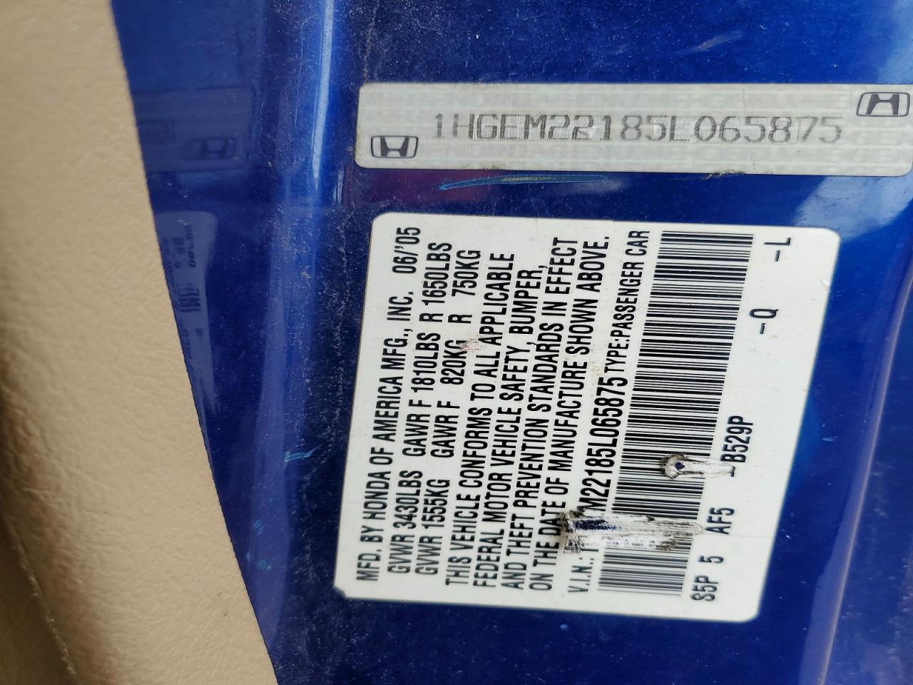 2005 Honda Civic Dx Vp Blue vin: 1HGEM22185L065875