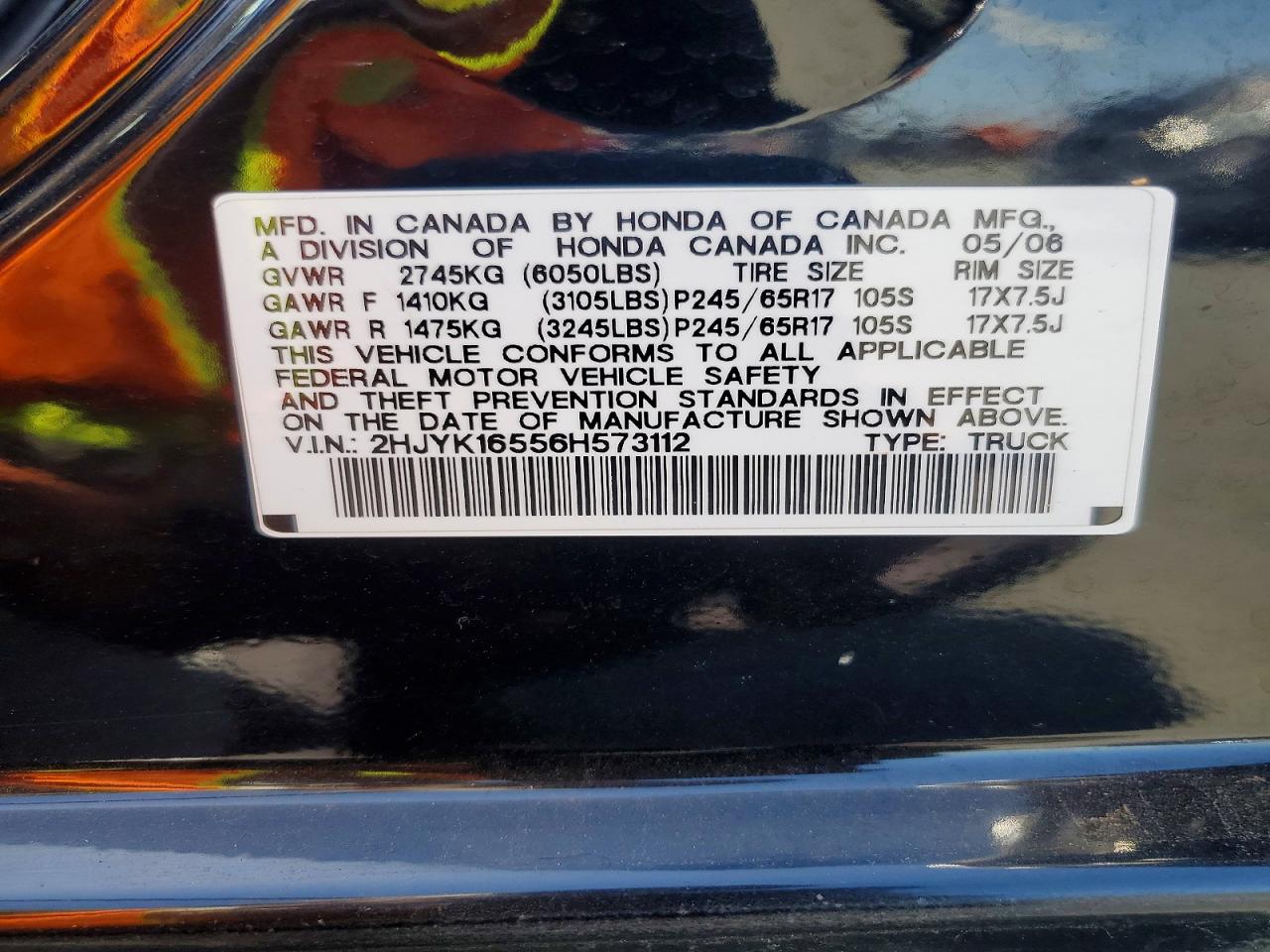 2006 Honda Ridgeline Rtl Черный vin: 2HJYK16556H573112