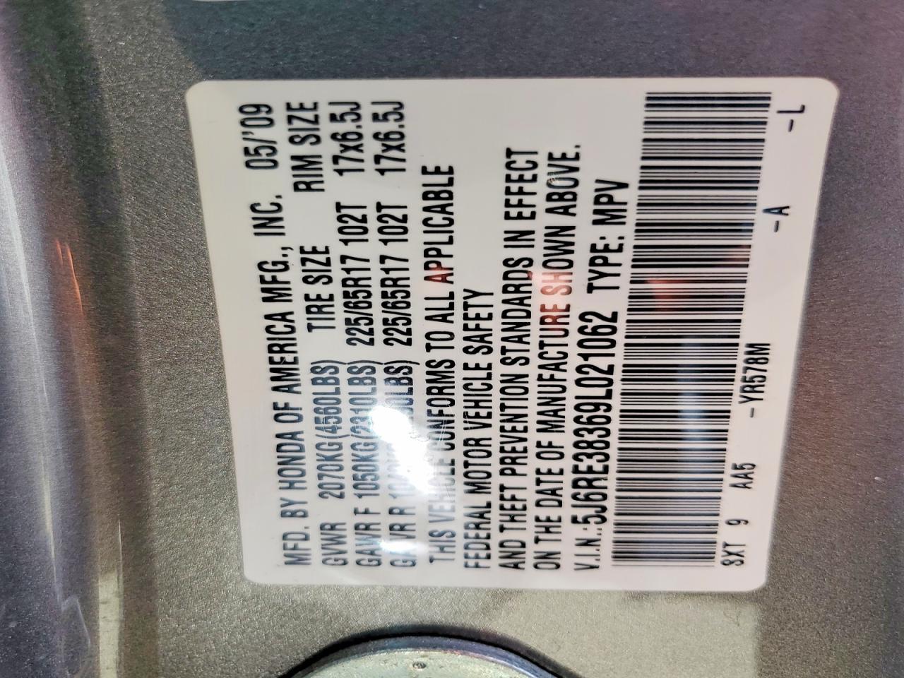 2009 Honda Cr-v Lx Gray vin: 5J6RE38369L021062