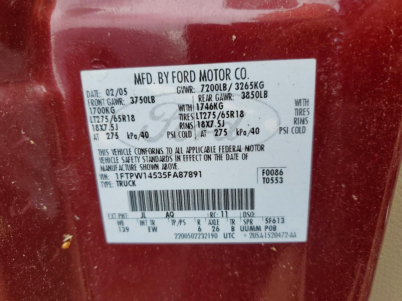 2005 Ford F150 Supercrew Burgundy vin: 1FTPW14535FA87891