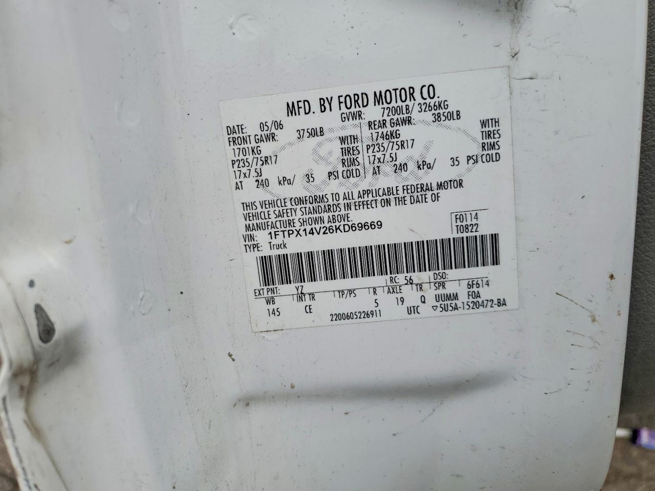 2006 Ford F150 White vin: 1FTPX14V26KD69669