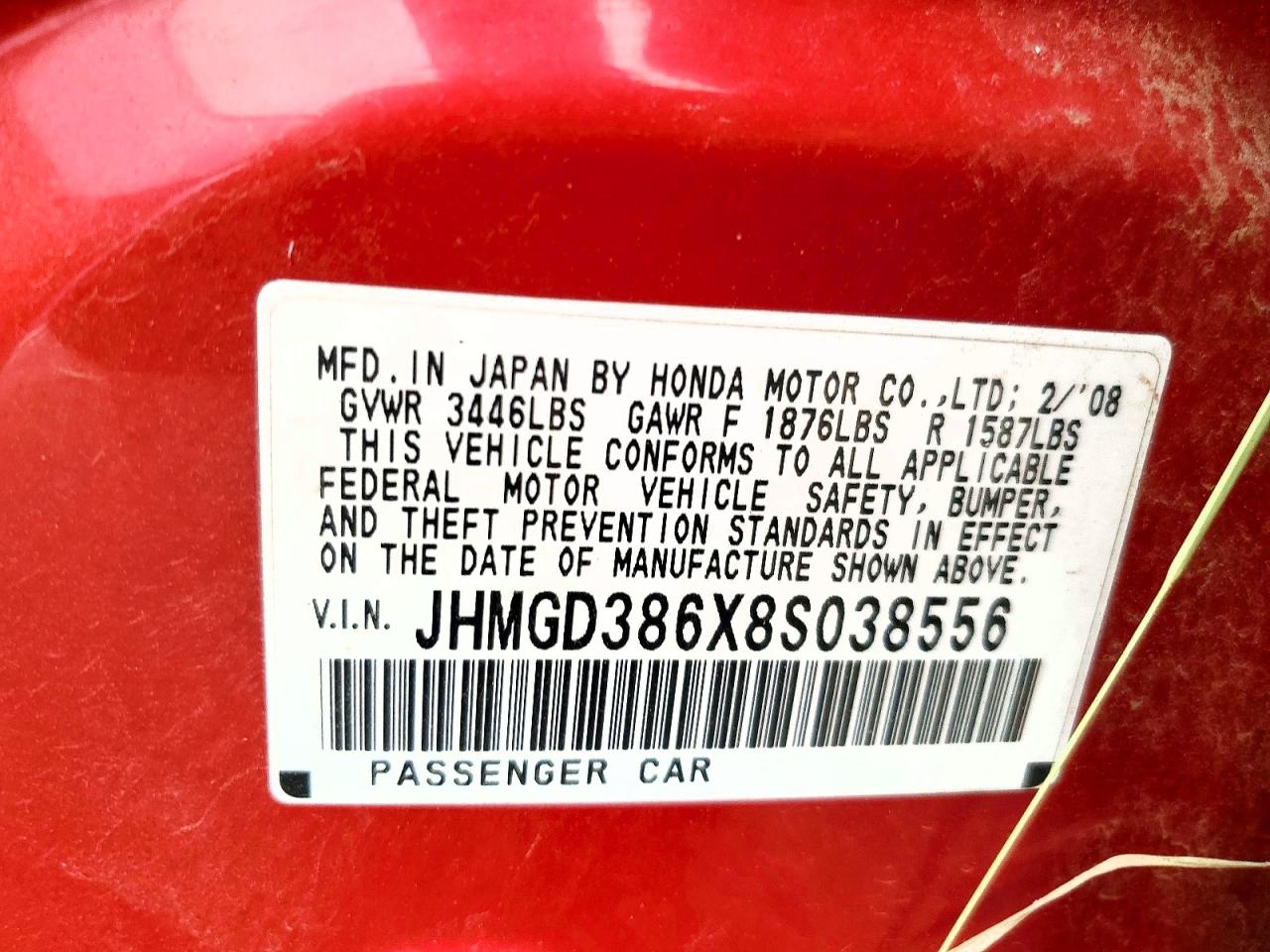 2008 Honda Fit Sport Red vin: JHMGD386X8S038556