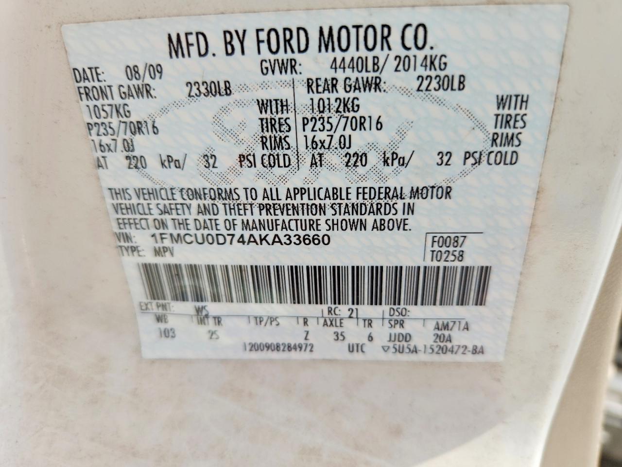 2010 Ford Escape Xlt White vin: 1FMCU0D74AKA33660