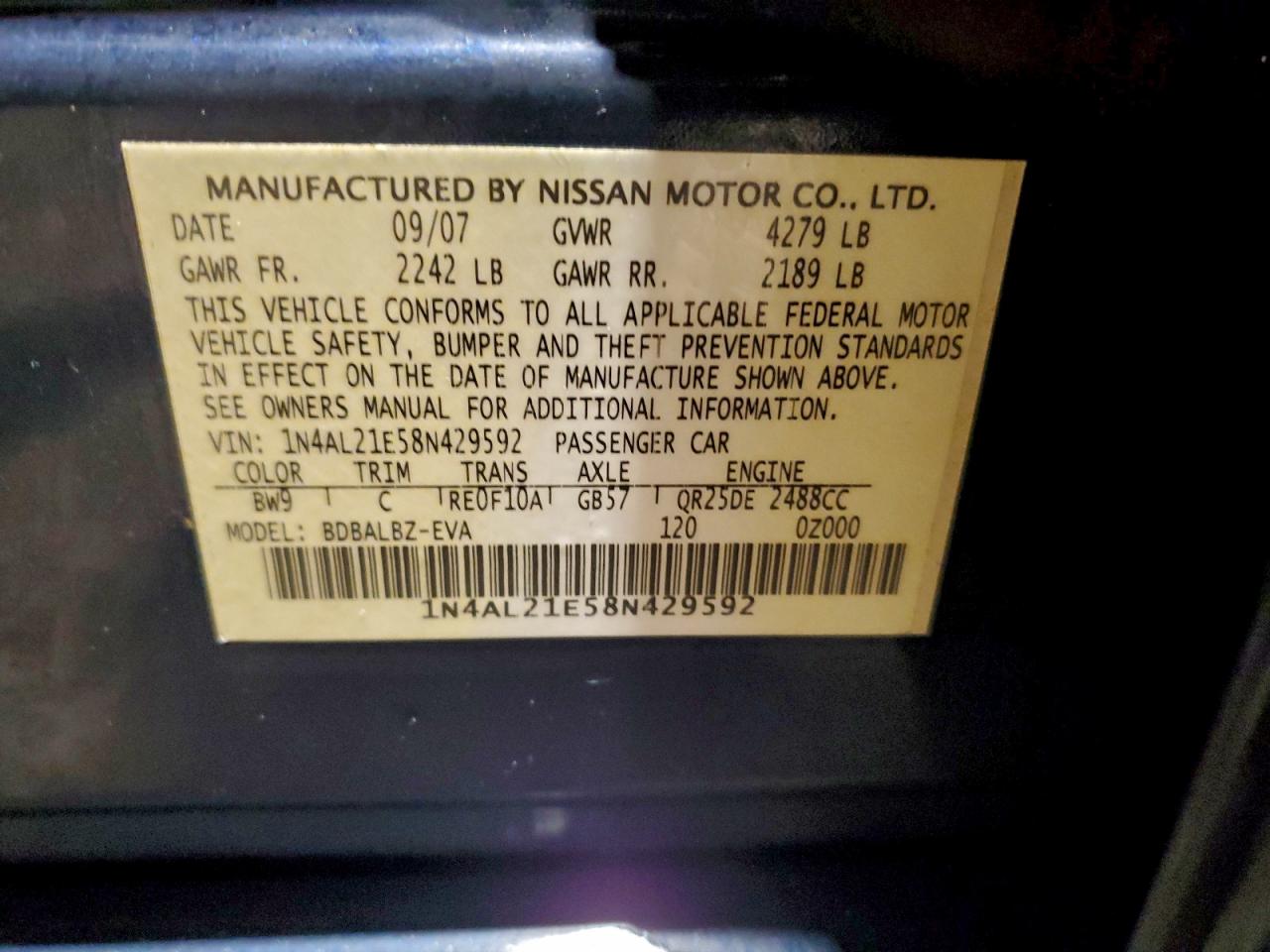 2008 Nissan Altima 2.5 Blue vin: 1N4AL21E58N429592