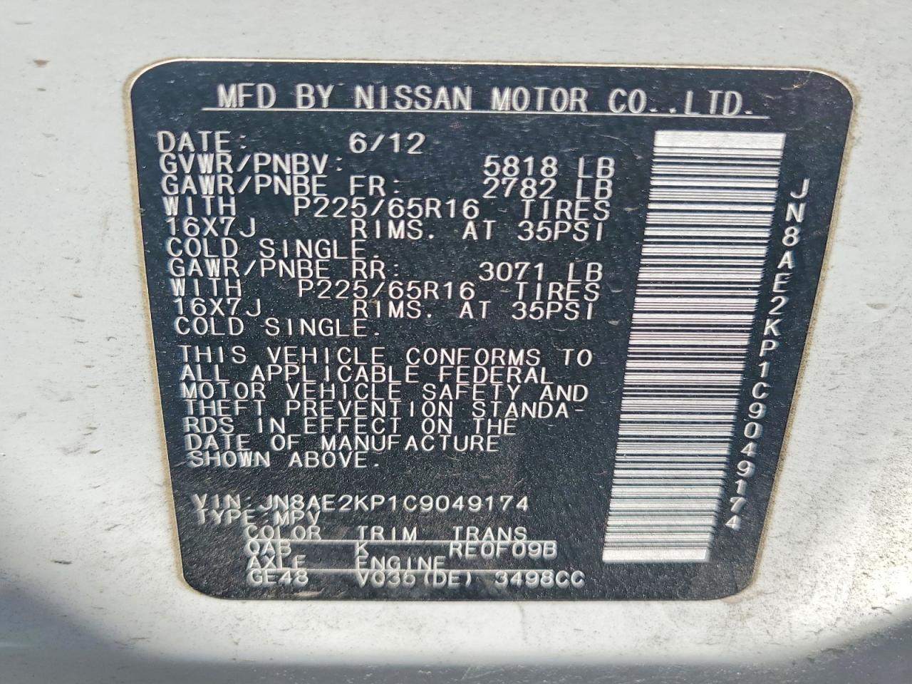 2012 Nissan Quest 3.5 S White vin: JN8AE2KP1C9049174