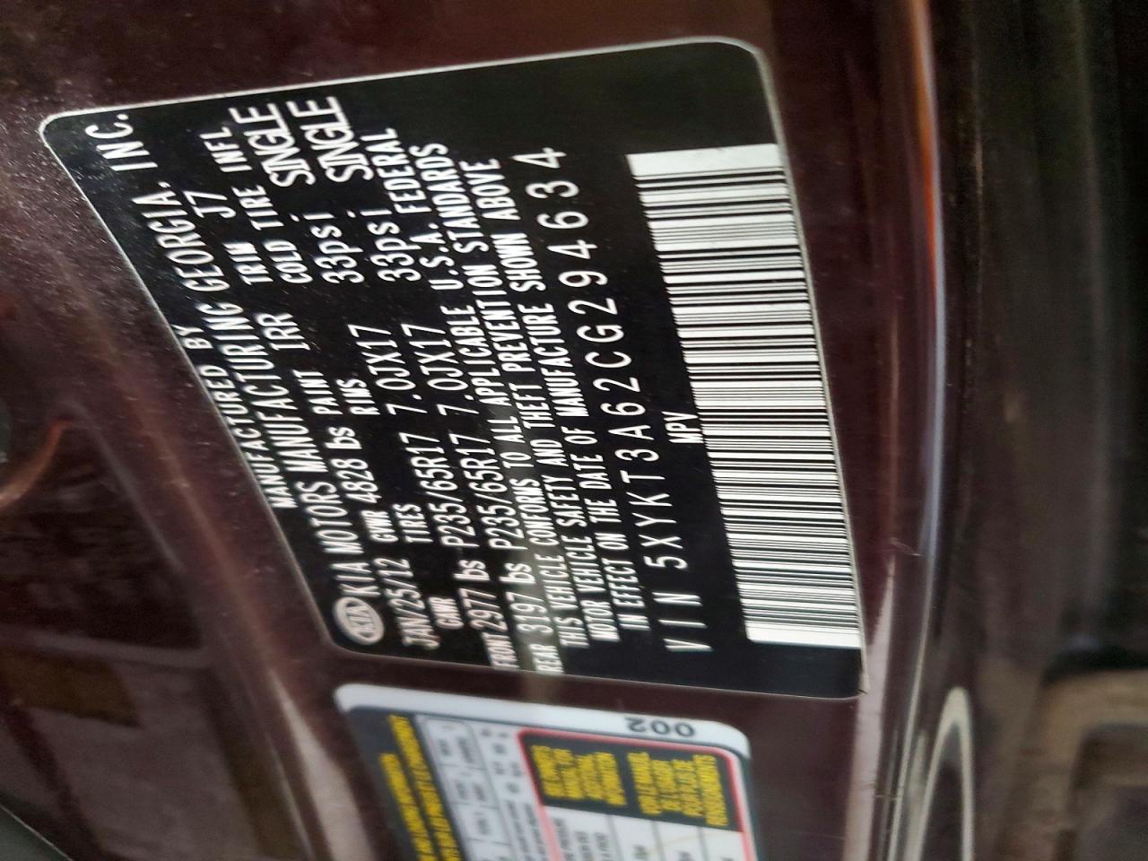 2012 Kia Sorento Lx Maroon vin: 5XYKT3A62CG294634
