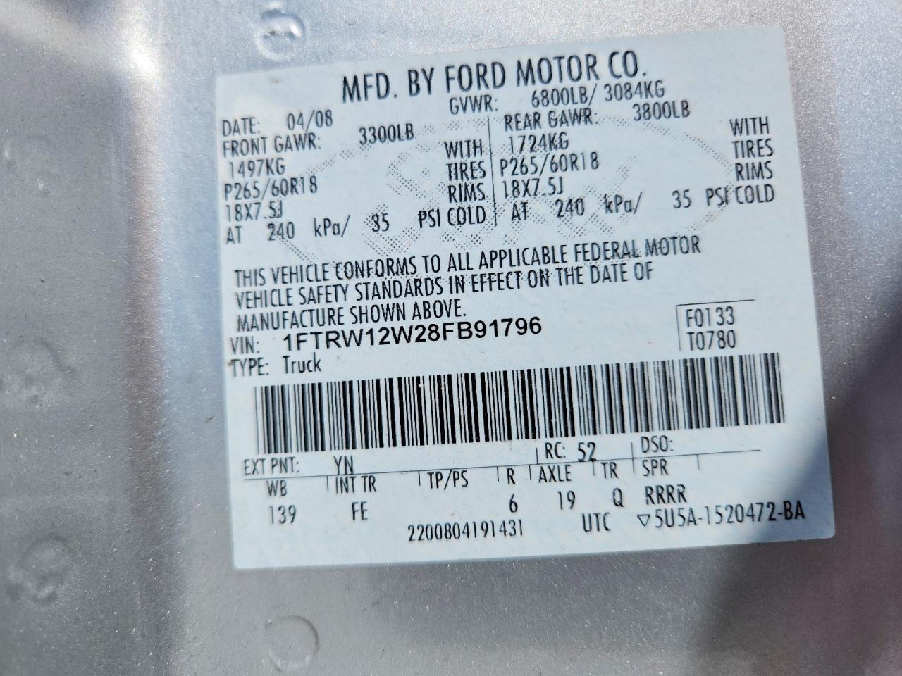 2008 Ford F150 Supercrew Silver vin: 1FTRW12W28FB91796
