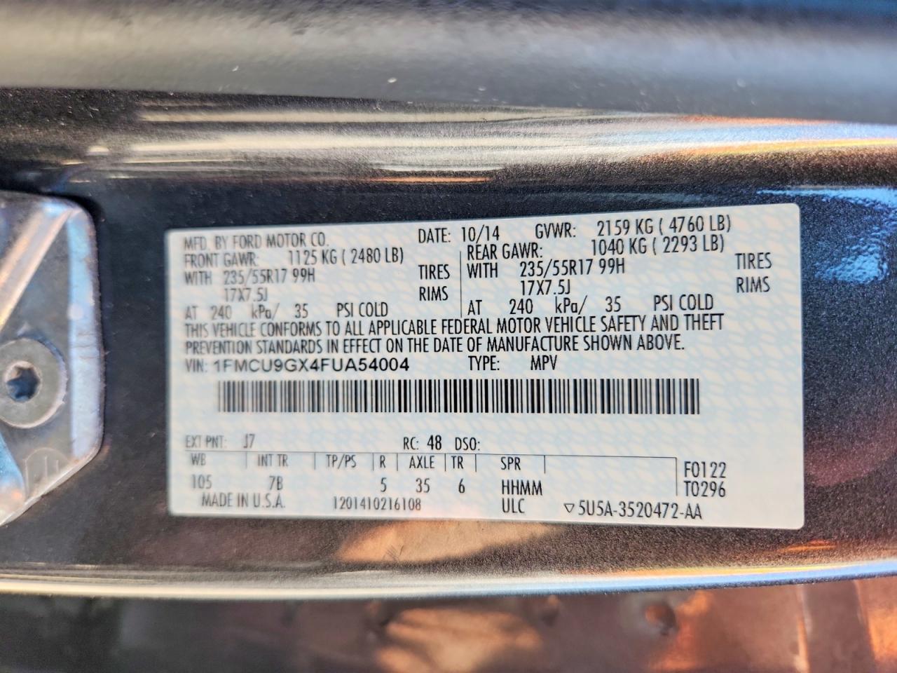 2015 Ford Escape Se Gray vin: 1FMCU9GX4FUA54004
