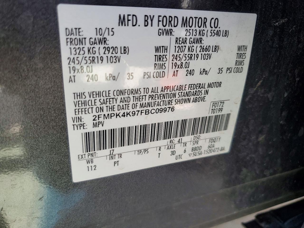 2015 Ford Edge Titanium Gray vin: 2FMPK4K97FBC09976