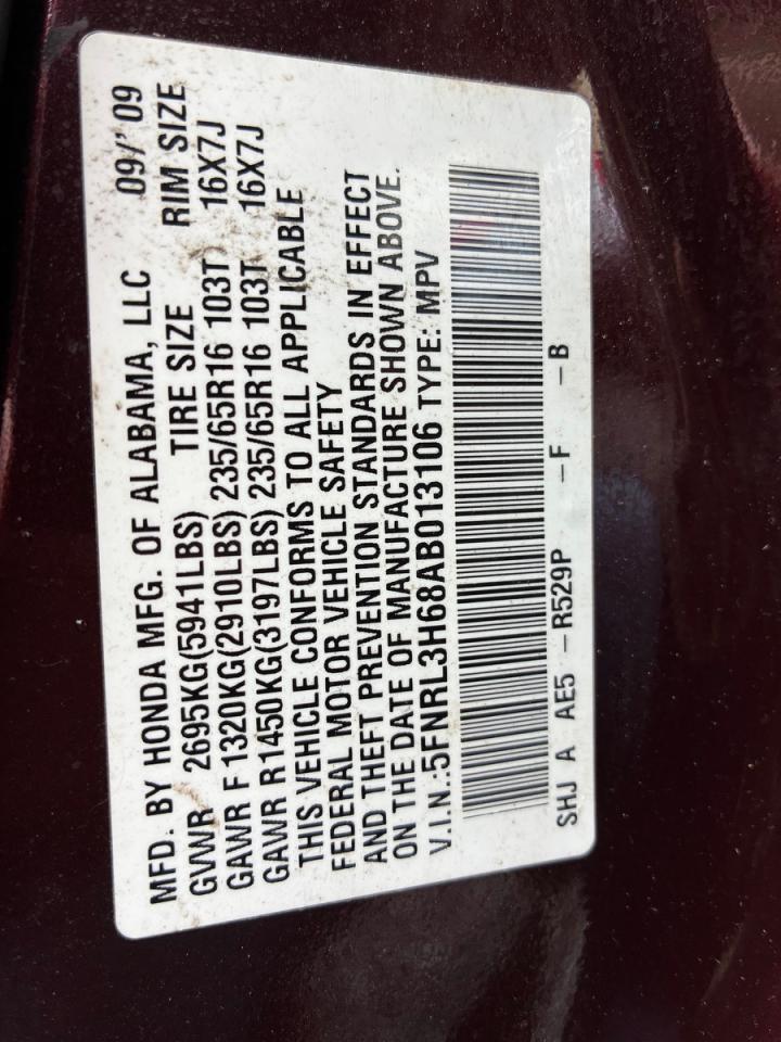 2010 Honda Odyssey Exl Burgundy vin: 5FNRL3H68AB013106
