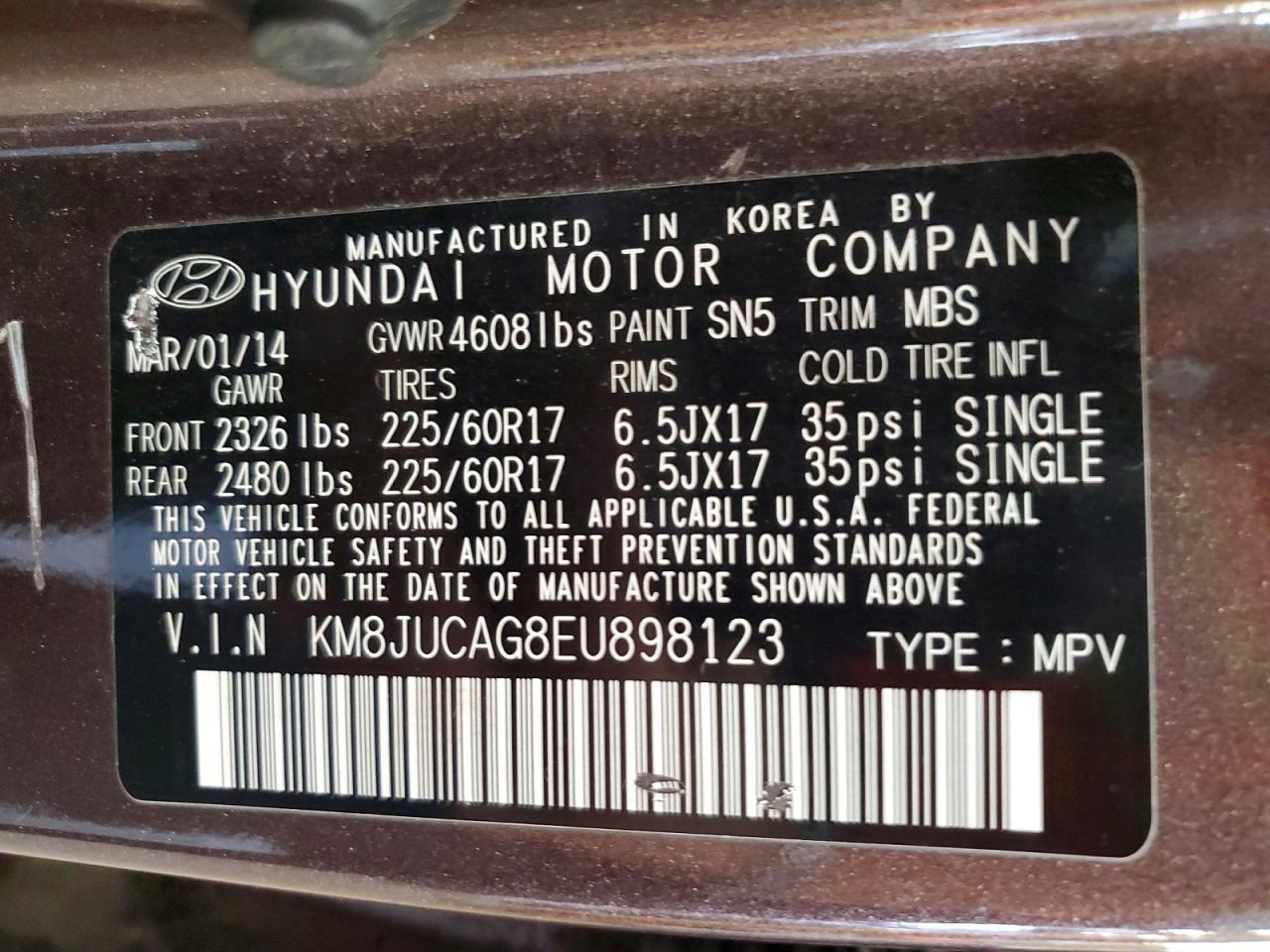 2014 Hyundai Tucson Se Brown vin: KM8JUCAG8EU898123