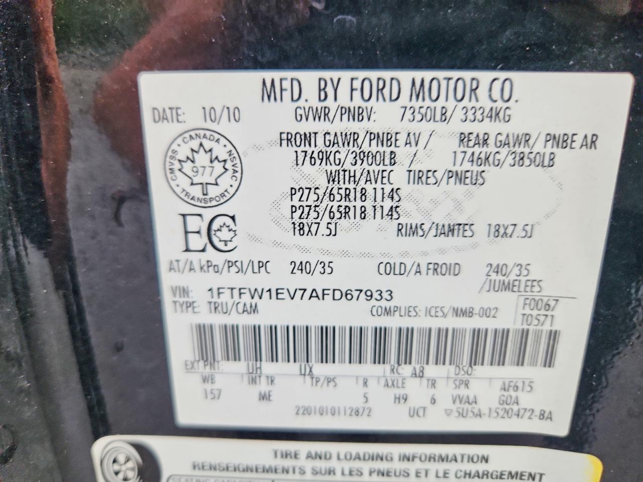 2010 Ford F150 Supercrew Black vin: 1FTFW1EV7AFD67933
