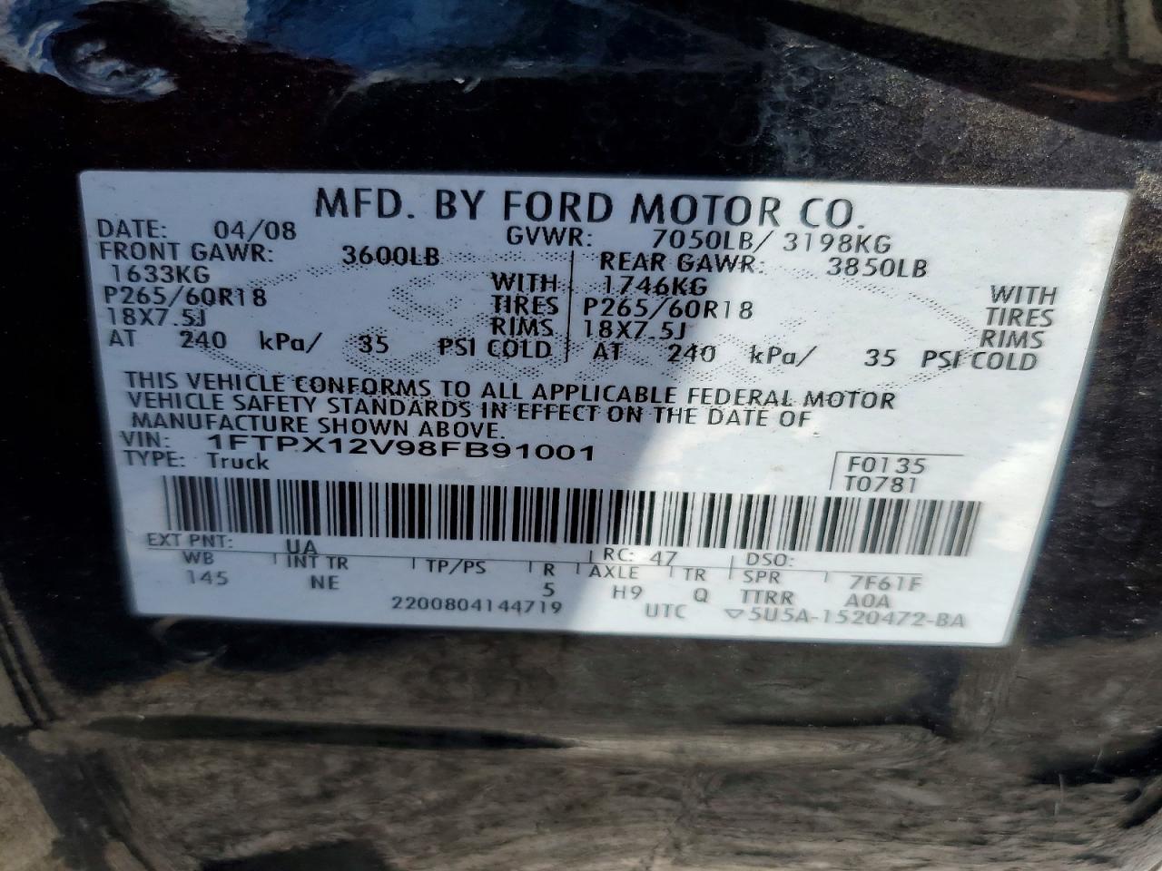 2008 Ford F150 Black vin: 1FTPX12V98FB91001