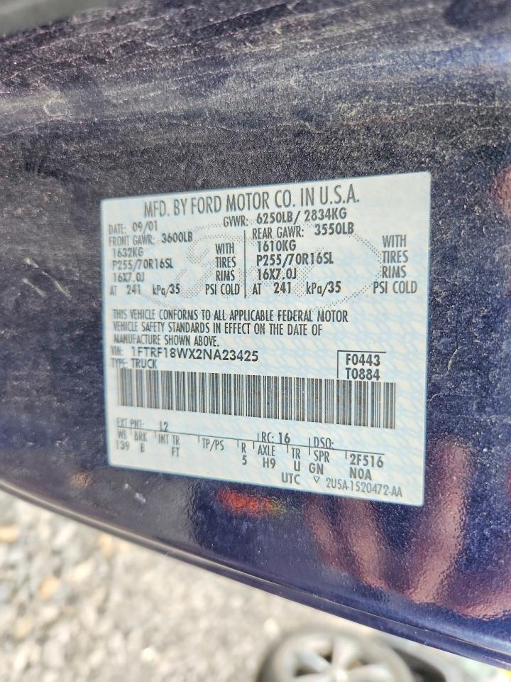 2002 Ford F150 Синий vin: 1FTRF18WX2NA23425