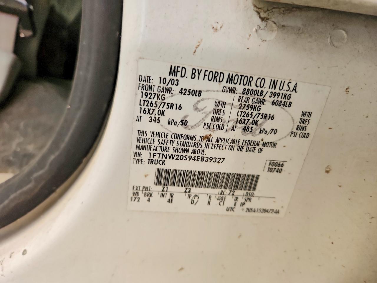 2004 Ford F250 Super Duty White vin: 1FTNW20S94EB39327