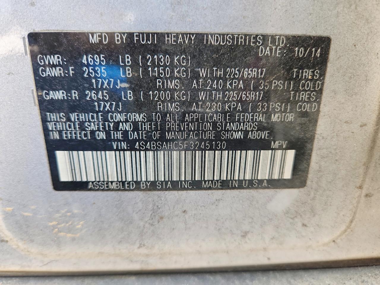 2015 Subaru Outback 2.5i Premium Silver vin: 4S4BSAHC5F3245130