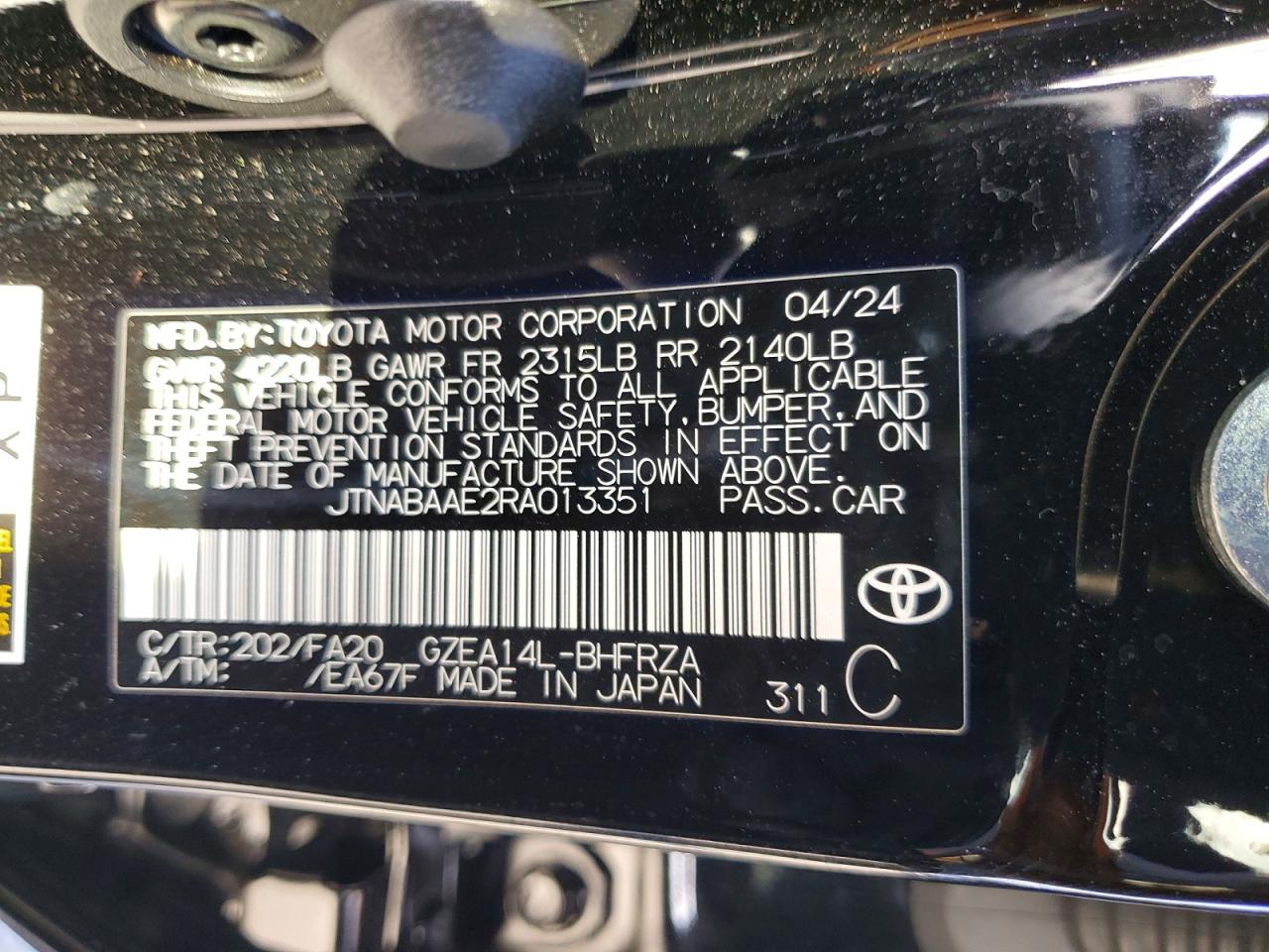 2024 Toyota Gr Corolla Core Black vin: JTNABAAE2RA013351