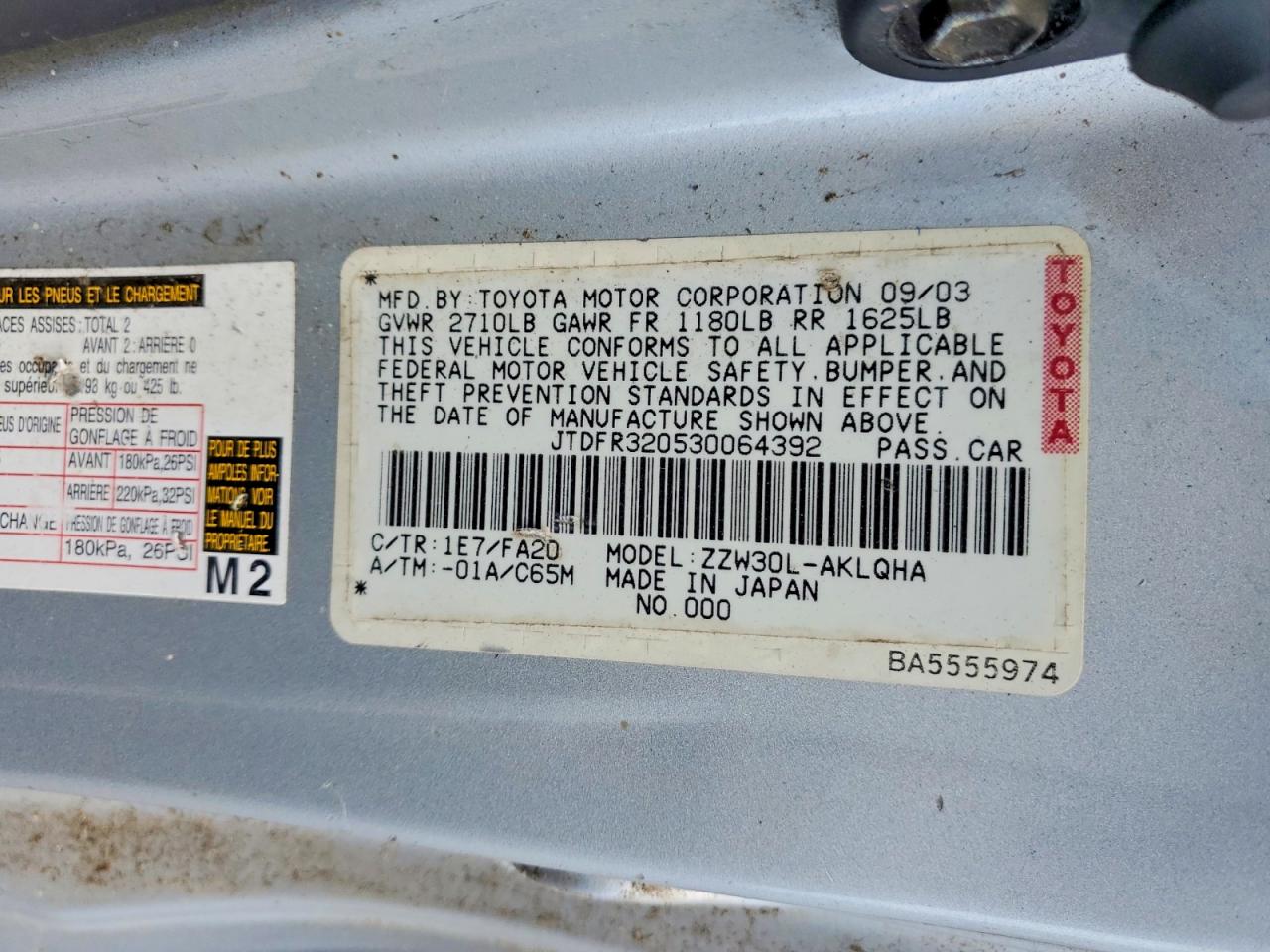 2003 Toyota Mr2 Spyder Silver vin: JTDFR320530064392