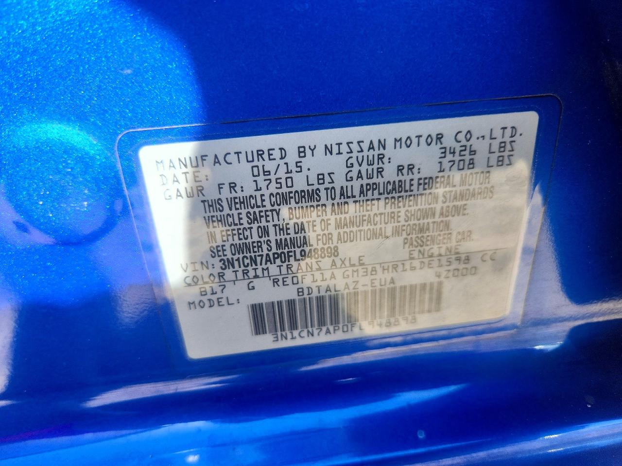 2015 Nissan Versa 1.6 S Plus Blue vin: 3N1CN7AP0FL948898