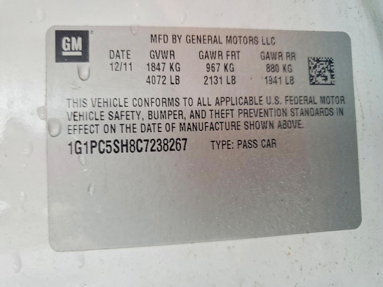 2012 Chevrolet Cruze Ls White vin: 1G1PC5SH8C7238267